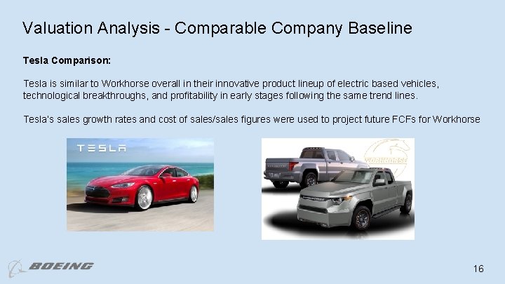 Valuation Analysis - Comparable Company Baseline Tesla Comparison: Tesla is similar to Workhorse overall