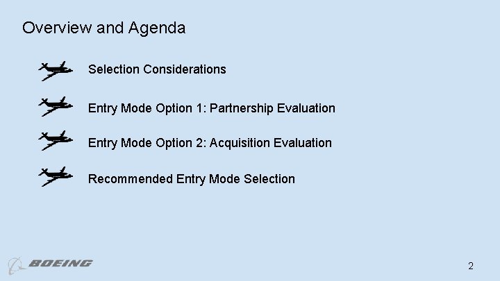 Overview and Agenda Selection Considerations Entry Mode Option 1: Partnership Evaluation Entry Mode Option