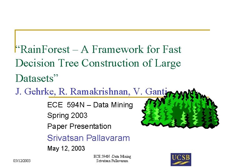 “Rain. Forest – A Framework for Fast Decision Tree Construction of Large Datasets” J.