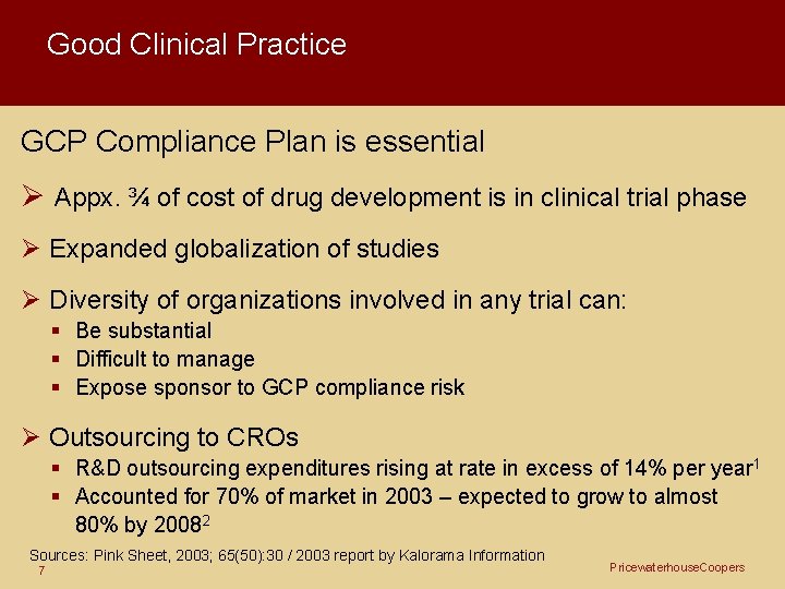 Good Clinical Practice GCP Compliance Plan is essential Ø Appx. ¾ of cost of