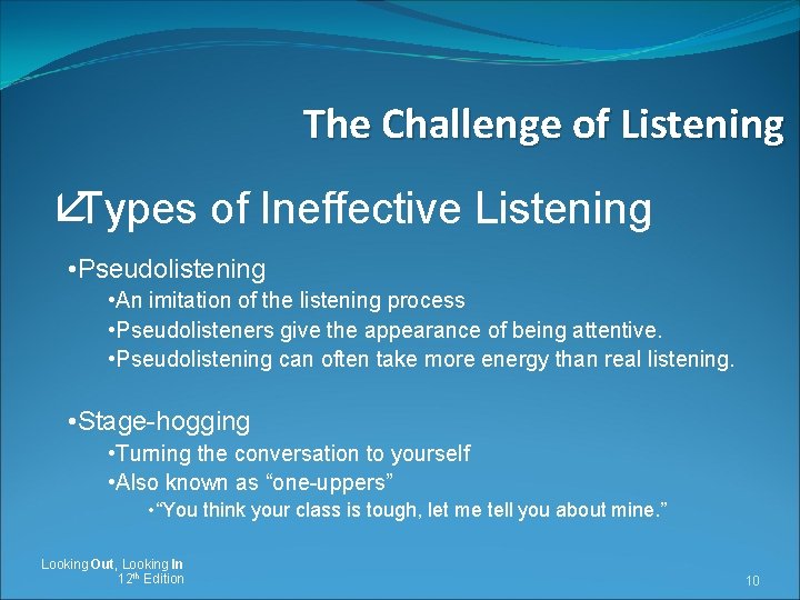 The Challenge of Listening åTypes of Ineffective Listening • Pseudolistening • An imitation of