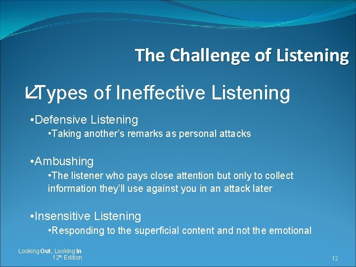 The Challenge of Listening åTypes of Ineffective Listening • Defensive Listening • Taking another’s