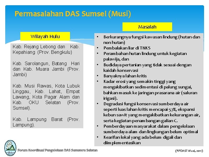 Permasalahan DAS Sumsel (Musi) Masalah Wilayah Hulu • Kab. Rejang Lebong dan Kab. Kepahiang