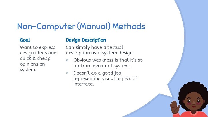 Non-Computer (Manual) Methods Goal Design Description Want to express design ideas and quick &