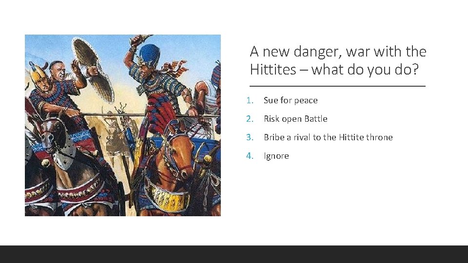 A new danger, war with the Hittites – what do you do? 1. Sue