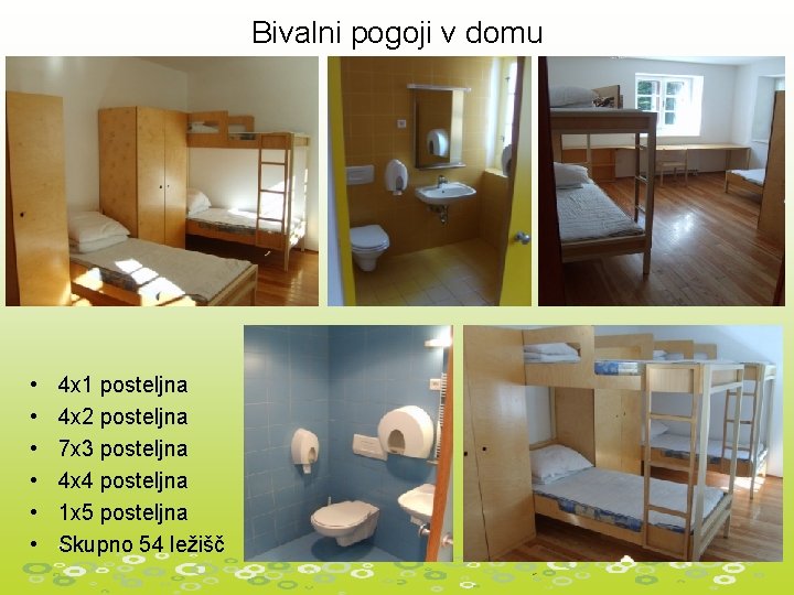 Bivalni pogoji v domu • • • 4 x 1 posteljna 4 x 2