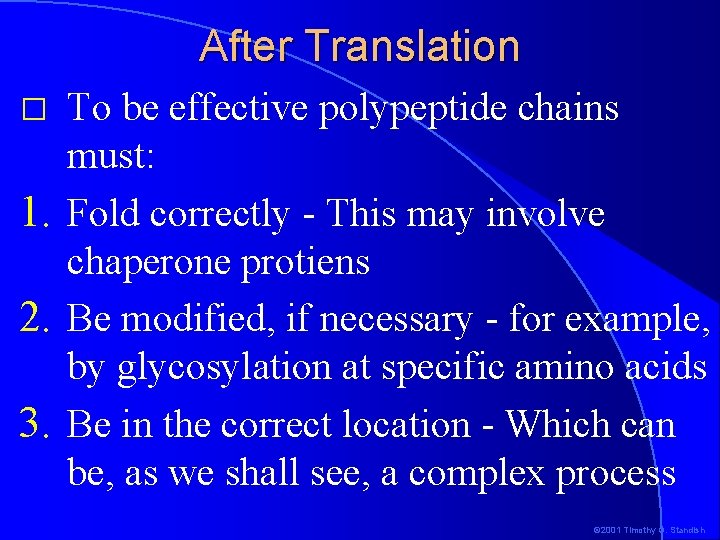 After Translation To be effective polypeptide chains must: 1. Fold correctly - This may