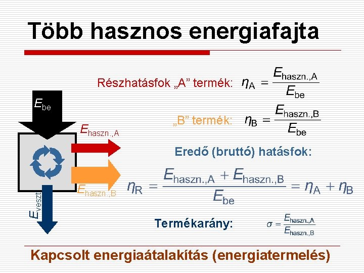 Több hasznos energiafajta Részhatásfok „A” termék: Ebe Ehaszn. , A „B” termék: Eveszt. Eredő