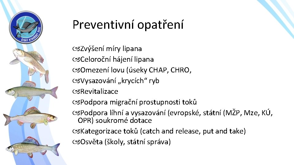 Preventivní opatření Zvýšení míry lipana Celoroční hájení lipana Omezení lovu (úseky CHAP, CHRO, Vysazování