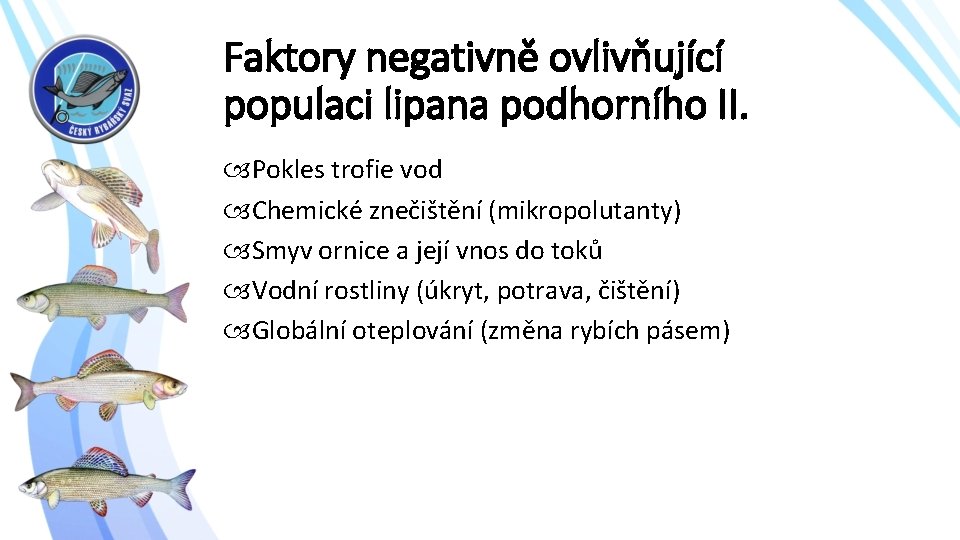 Faktory negativně ovlivňující populaci lipana podhorního II. Pokles trofie vod Chemické znečištění (mikropolutanty) Smyv