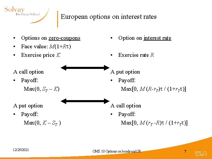 European options on interest rates • Options on zero-coupons • Face value: M(1+R )
