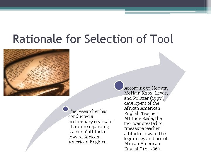 Rationale for Selection of Tool The researcher has conducted a preliminary review of literature
