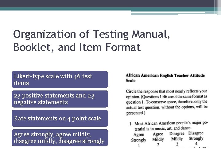 Organization of Testing Manual, Booklet, and Item Format Likert-type scale with 46 test items