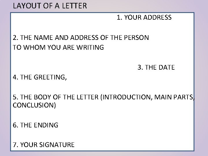 LAYOUT OF A LETTER 1. YOUR ADDRESS 2. THE NAME AND ADDRESS OF THE