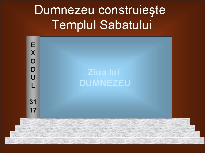 Dumnezeu construieşte Templul Sabatului E X O D U L 31 17 Ziua lui