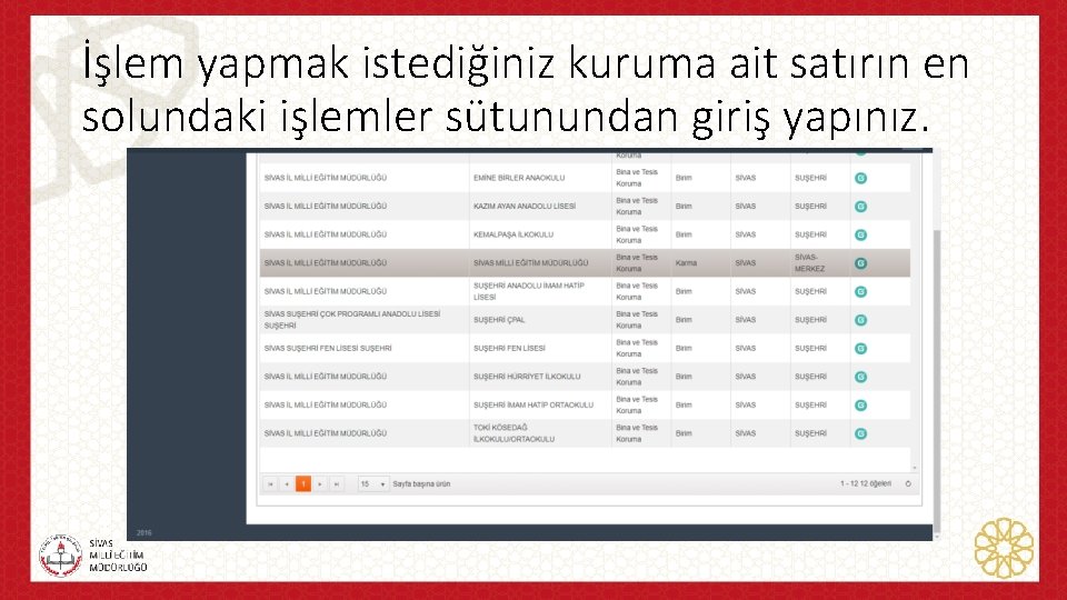 İşlem yapmak istediğiniz kuruma ait satırın en solundaki işlemler sütunundan giriş yapınız. 