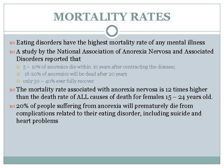 MORTALITY RATES Eating disorders have the highest mortality rate of any mental illness A