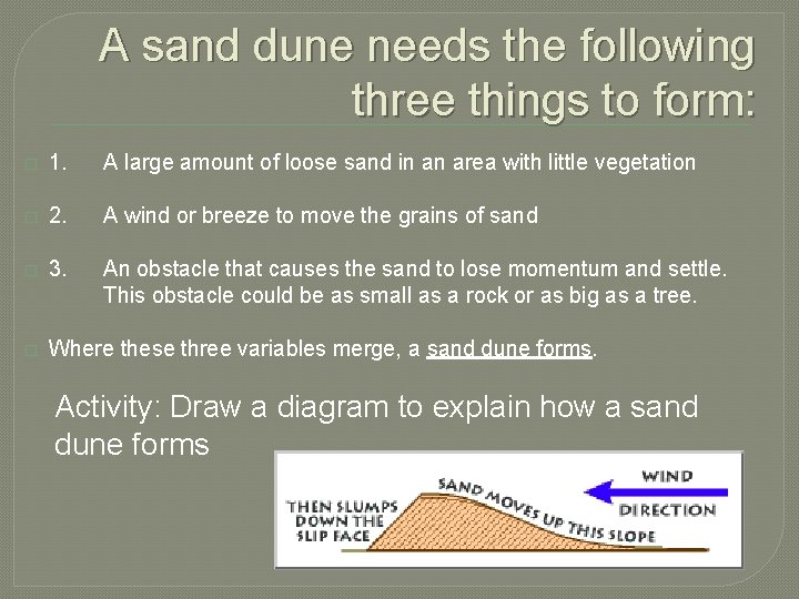 A sand dune needs the following three things to form: � 1. A large