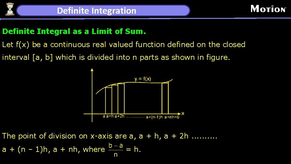 Definite Integration Definite Integral as a Limit of Sum. Let f(x) be a continuous