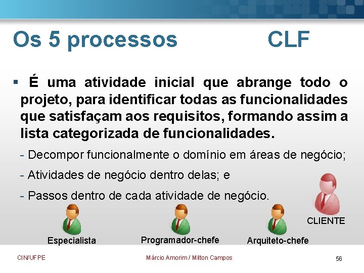 Os 5 processos CLF § É uma atividade inicial que abrange todo o projeto,