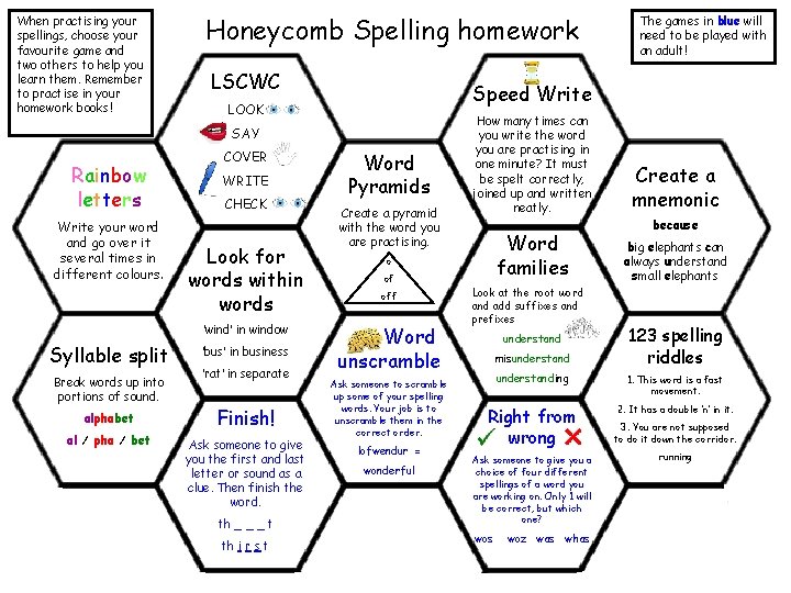 When practising your spellings, choose your favourite game and two others to help you