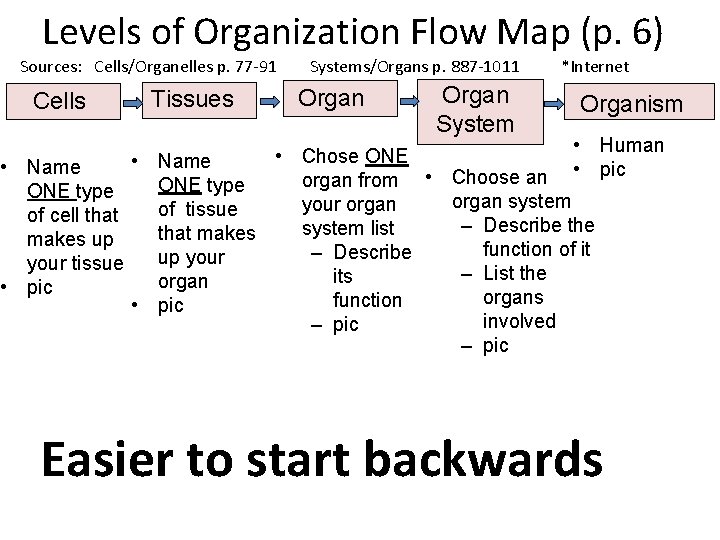 Levels of Organization Flow Map (p. 6) Sources: Cells/Organelles p. 77 -91 Cells •