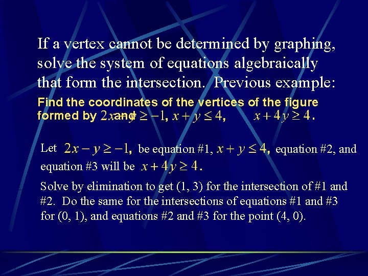 If a vertex cannot be determined by graphing, solve the system of equations algebraically