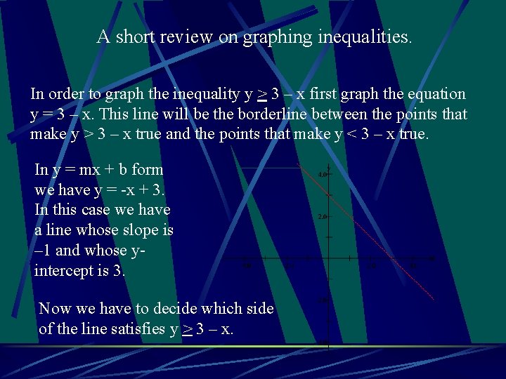 A short review on graphing inequalities. In order to graph the inequality y >