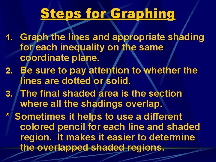 Steps for Graphing 1. Graph the lines and appropriate shading for each inequality on