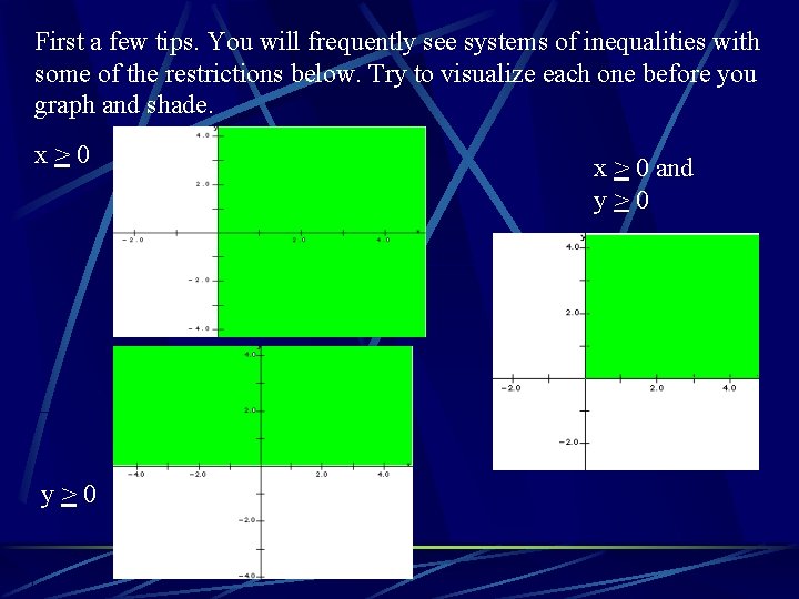 First a few tips. You will frequently see systems of inequalities with some of