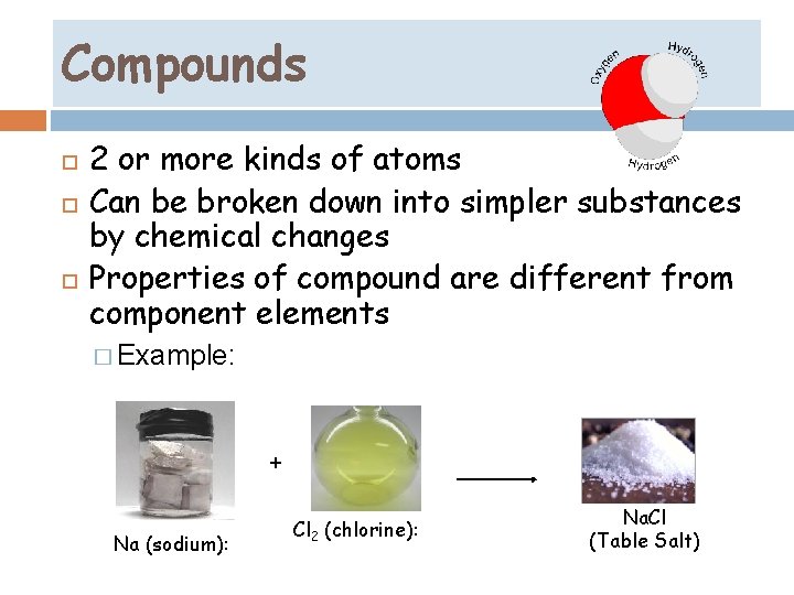 Compounds… 2 or more kinds of atoms Can be broken down into simpler substances