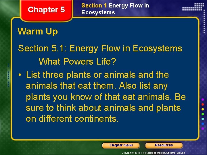 Chapter 5 Section 1 Energy Flow in Ecosystems Warm Up Section 5. 1: Energy