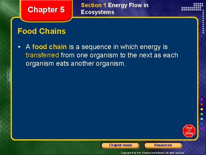 Chapter 5 Section 1 Energy Flow in Ecosystems Food Chains • A food chain