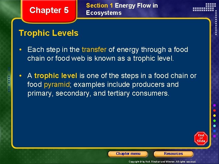 Chapter 5 Section 1 Energy Flow in Ecosystems Trophic Levels • Each step in