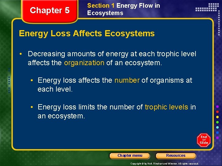 Chapter 5 Section 1 Energy Flow in Ecosystems Energy Loss Affects Ecosystems • Decreasing