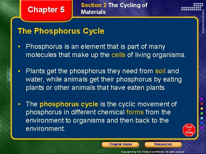 Chapter 5 Section 2 The Cycling of Materials The Phosphorus Cycle • Phosphorus is