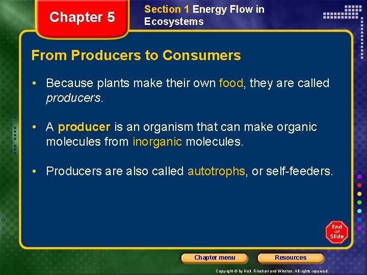 Chapter 5 Section 1 Energy Flow in Ecosystems From Producers to Consumers • Because