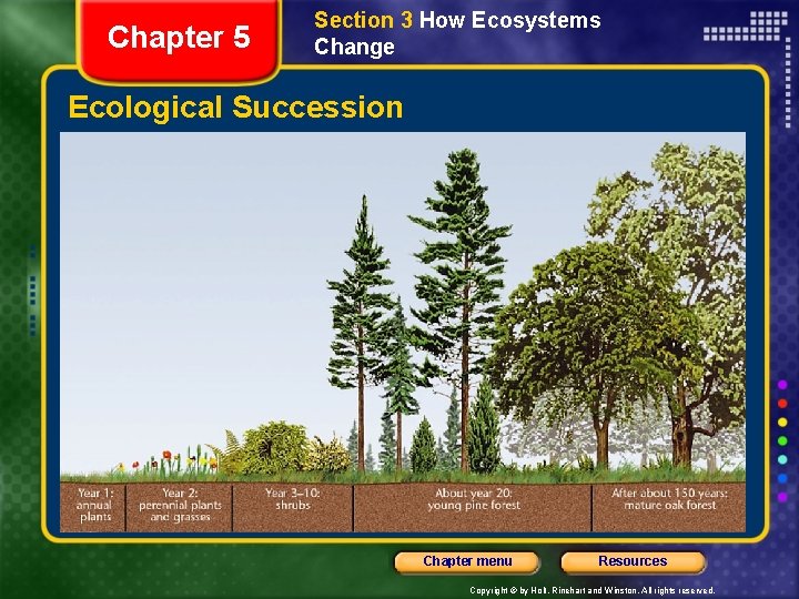 Chapter 5 Section 3 How Ecosystems Change Ecological Succession Chapter menu Resources Copyright ©