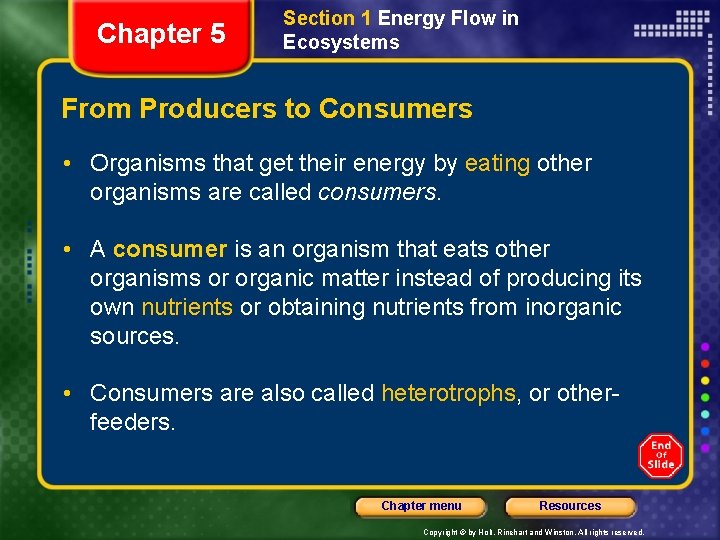 Chapter 5 Section 1 Energy Flow in Ecosystems From Producers to Consumers • Organisms