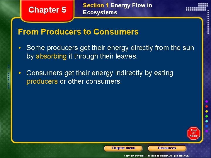 Chapter 5 Section 1 Energy Flow in Ecosystems From Producers to Consumers • Some