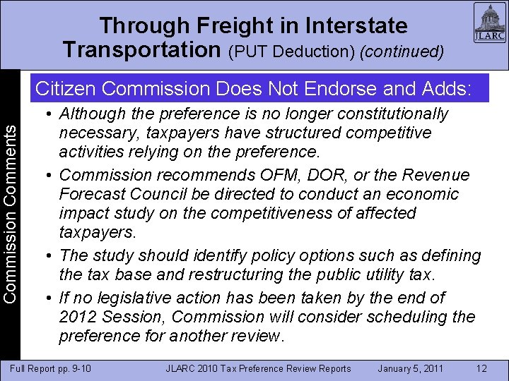 Through Freight in Interstate Transportation (PUT Deduction) (continued) Commission Comments Citizen Commission Does Not Through Freight in Interstate Transportation (PUT Deduction) (continued) Commission Comments Citizen Commission Does Not