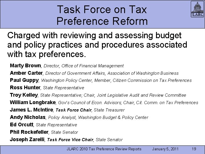 Task Force on Tax Preference Reform Charged with reviewing and assessing budget and policy Task Force on Tax Preference Reform Charged with reviewing and assessing budget and policy