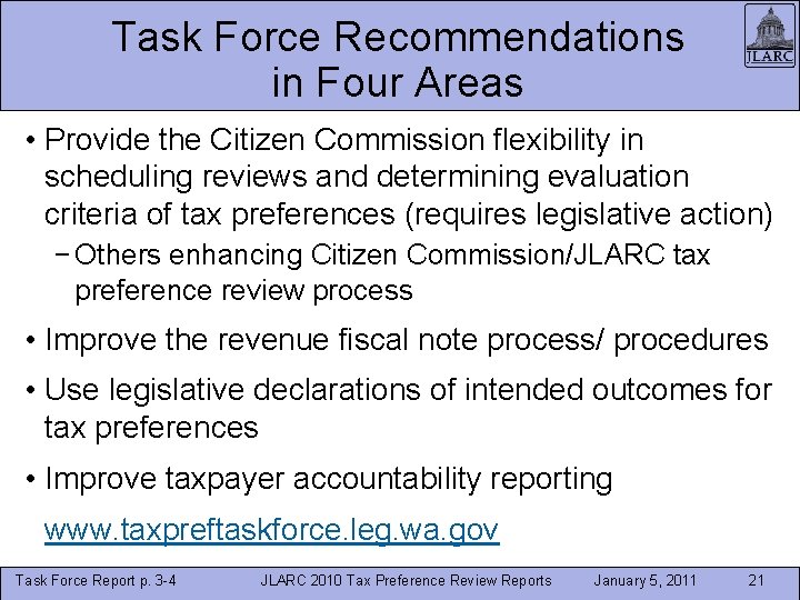 Task Force Recommendations in Four Areas • Provide the Citizen Commission flexibility in scheduling Task Force Recommendations in Four Areas • Provide the Citizen Commission flexibility in scheduling