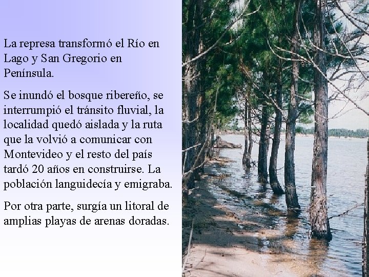 La represa transformó el Río en Lago y San Gregorio en Península. Se inundó