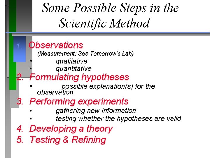 Some Possible Steps in the Scientific Method 1. Observations • (Measurement: See Tomorrow’s Lab)