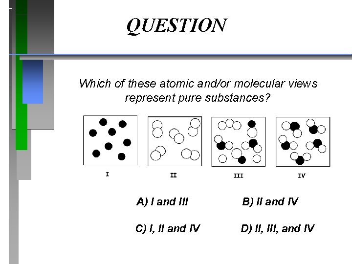 QUESTION Which of these atomic and/or molecular views represent pure substances? A) I and