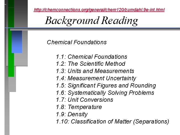 http: //chemconnections. org/general/chem 120/zumdahl. 9 e-int. html Background Reading Chemical Foundations 1. 1: Chemical