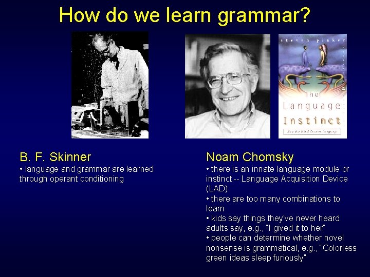 How do we learn grammar? B. F. Skinner Noam Chomsky • language and grammar