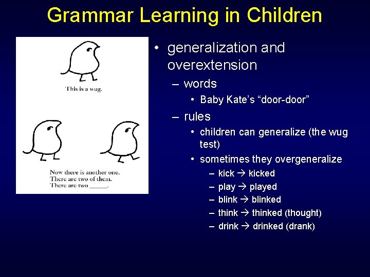 Grammar Learning in Children • generalization and overextension – words • Baby Kate’s “door-door”