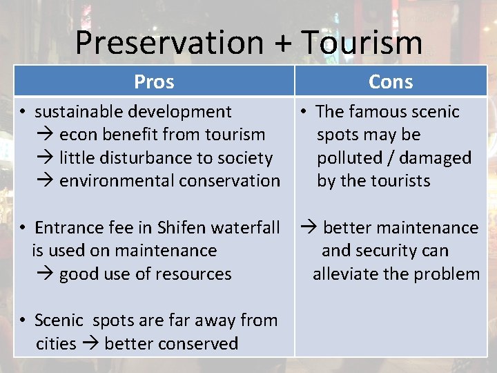 Preservation + Tourism Pros Cons • sustainable development • The famous scenic econ benefit